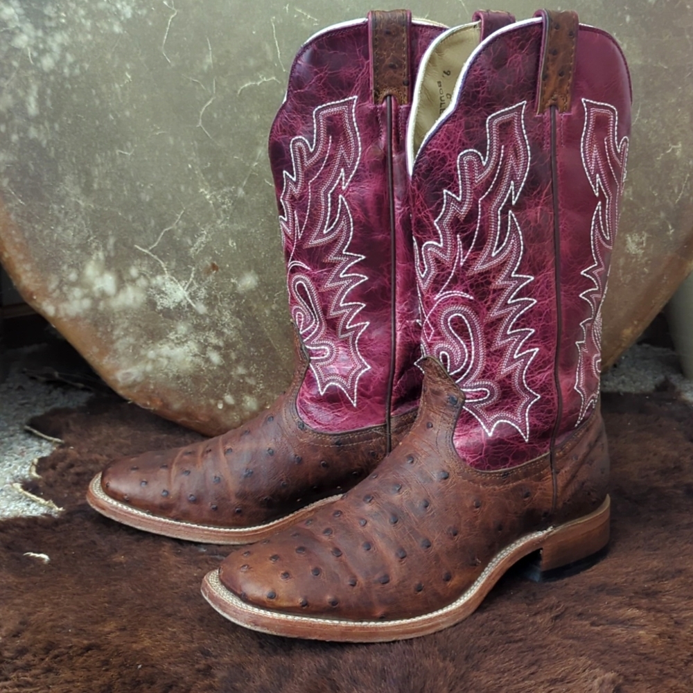 BOULET #3520 "Ostrich antique saddle" magenta & brown leather cowgirl boots sz 9